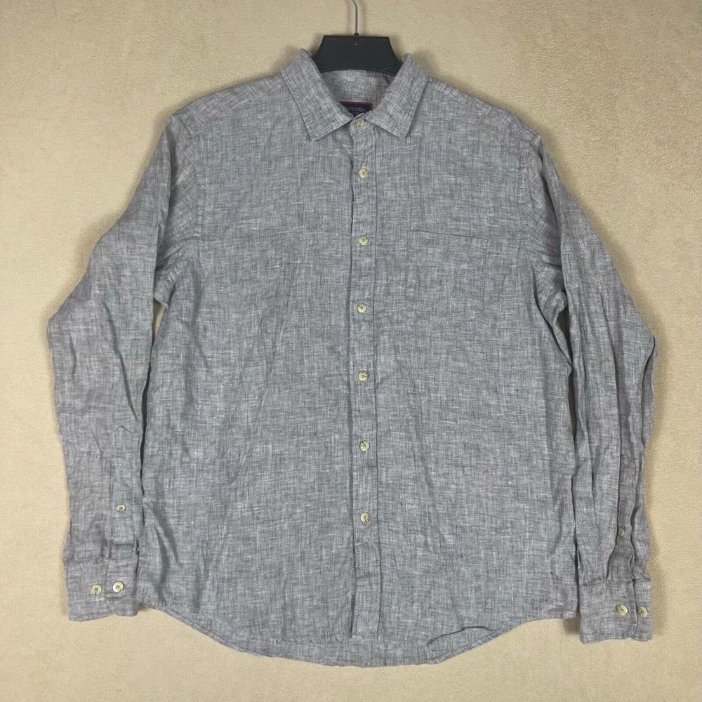UNTUCKit Mens L Long Sleeve Button‎ Up Linen Shirt Gray Regular Fit Pocket